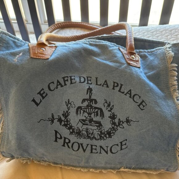 Neiman Marcus LE CAFE DE LA PLACE PROVENCE Canvas Leather Tote Bag - Picture 1 of 5